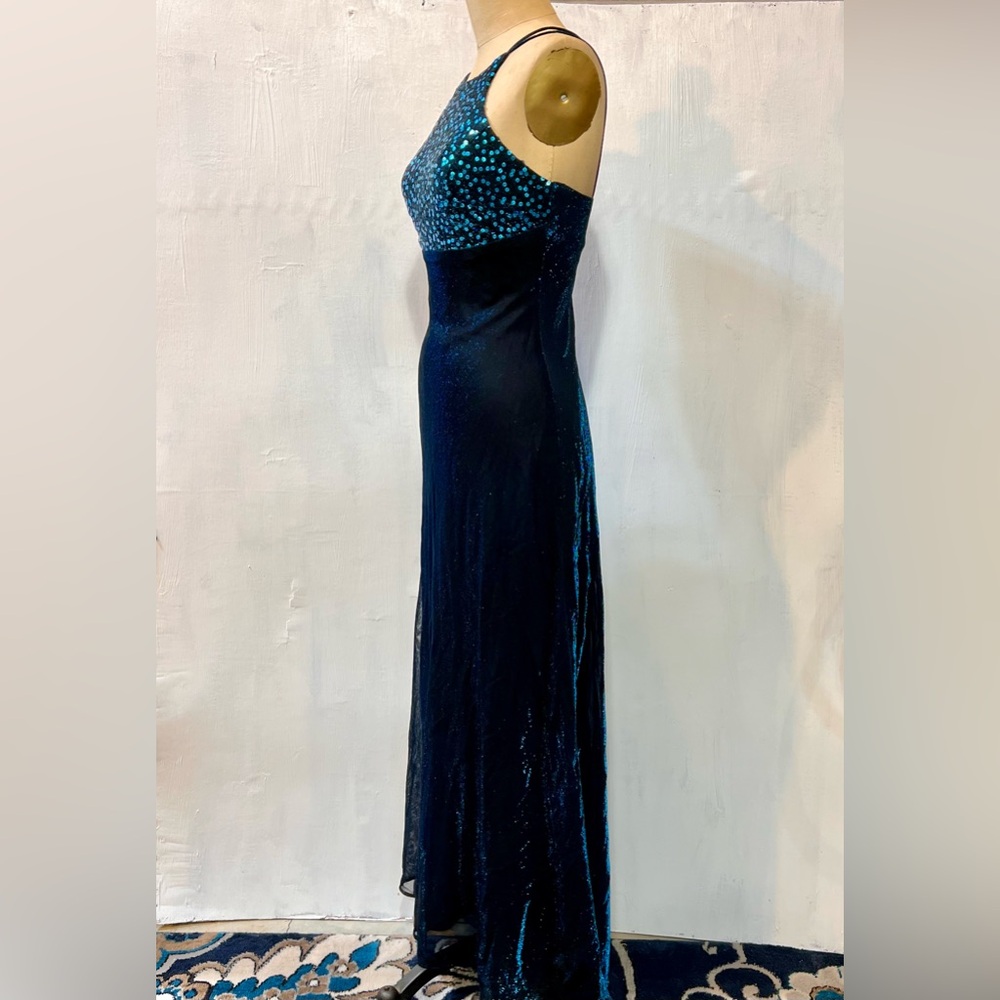 VINTAGE 80s‎ deep midnight teal prom gown formal dress sequin iridescent sparkle - Picture 5 of 15